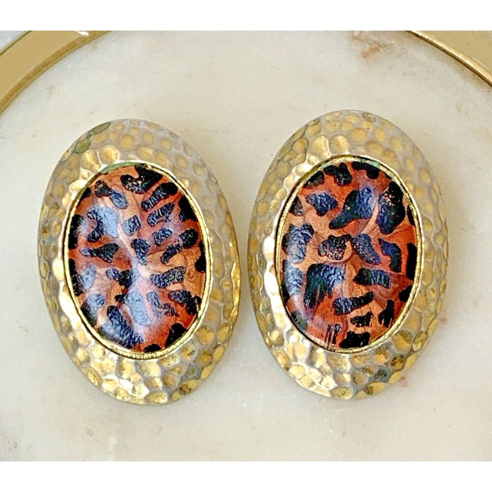 Edgar Berebi Leopard Print Clip On Earrings Gold Tone Hammered Statement Oval